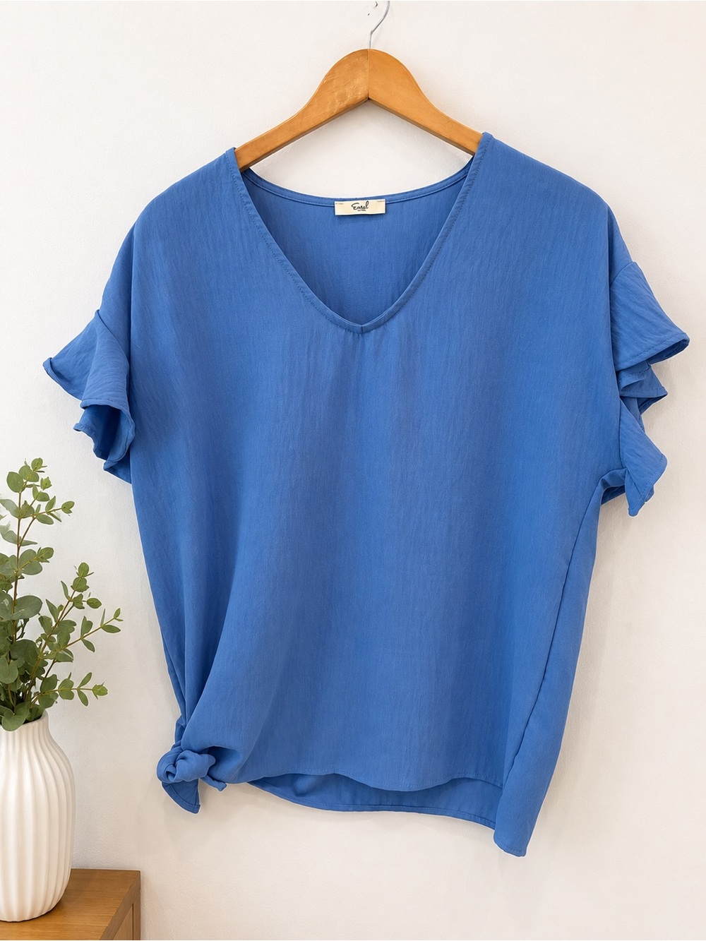 Easel Blue Flutter Sleeve Side Tie Blouse Boho Relaxed Fit Top Medium